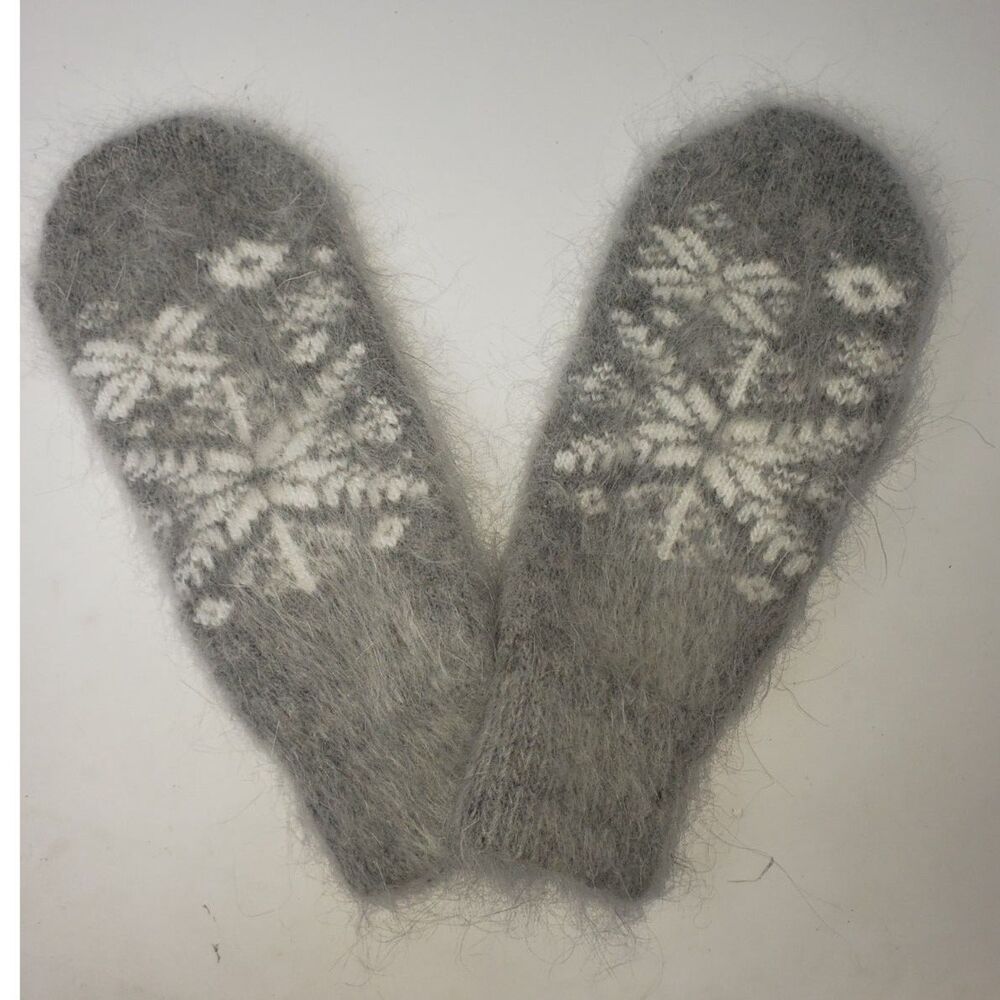 Wool Mittens Fair Isle Traditional Nordic Snow Flake Warm Soft Gray White NEW